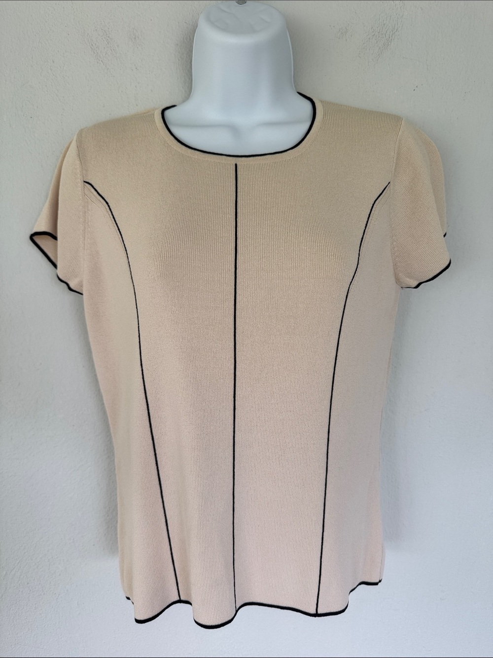 Vintage Carducci cream black stretch knit short sleeve sweater top size large - Picture 2 of 9